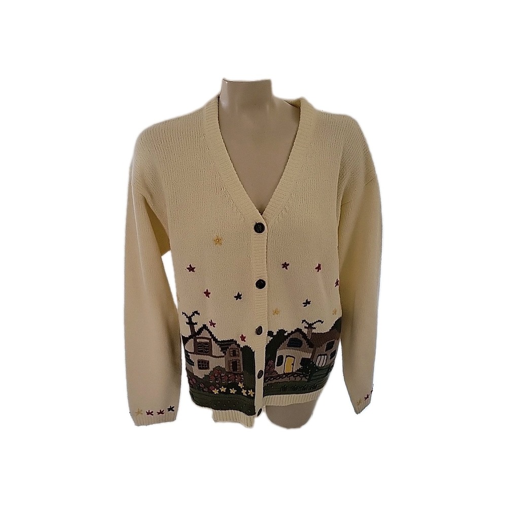 Northern Treasures Vintage XL Cream Cozy House Scene Cardigan Sweater grandma